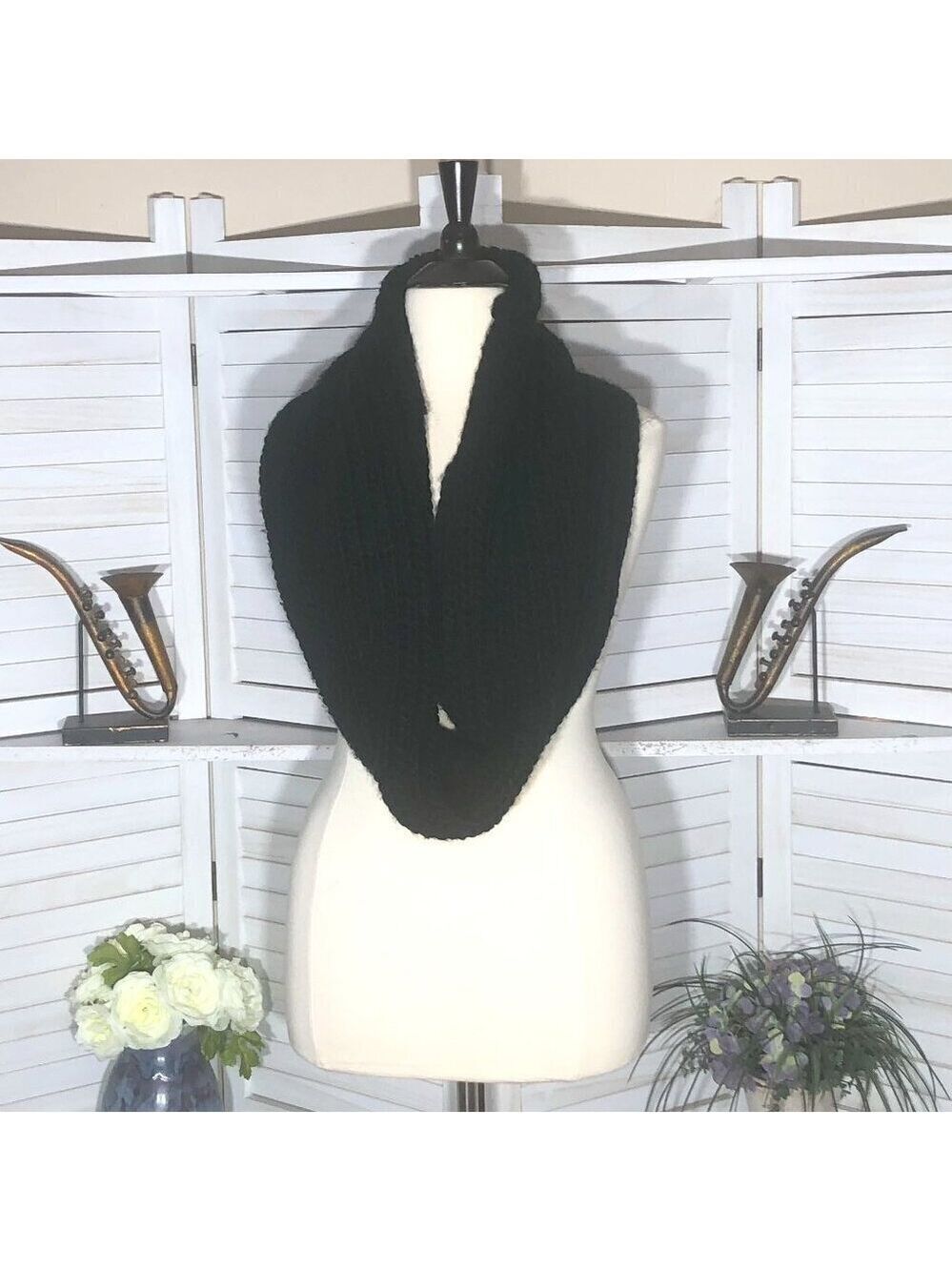 Black Cable Knit Infinity Scarf Chunky Warm OS